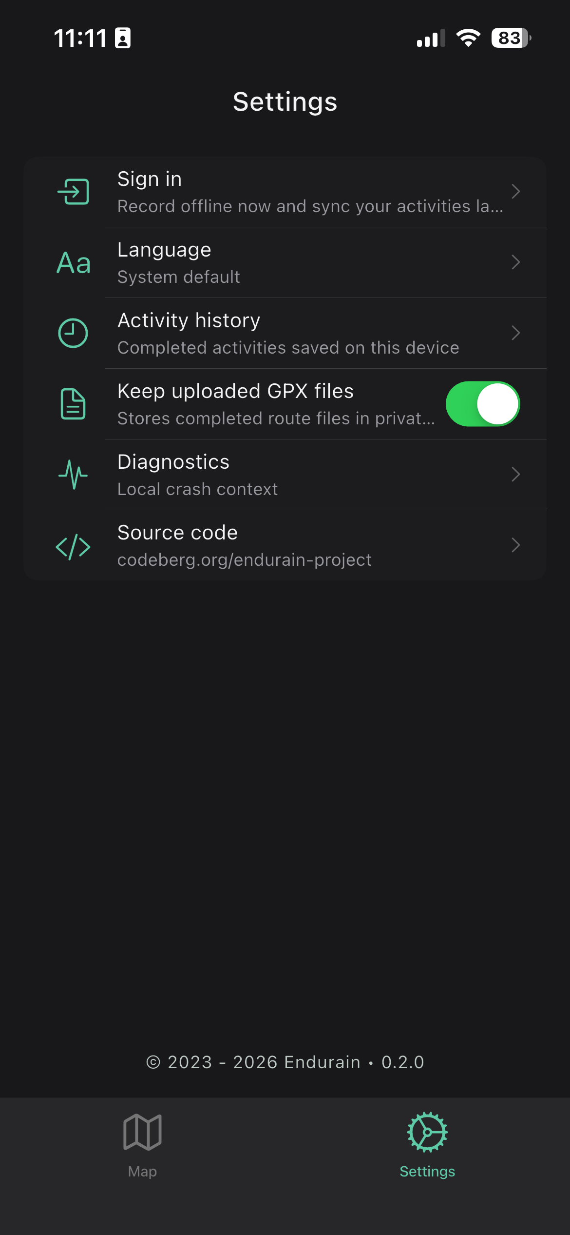 The Endurain app settings screen.