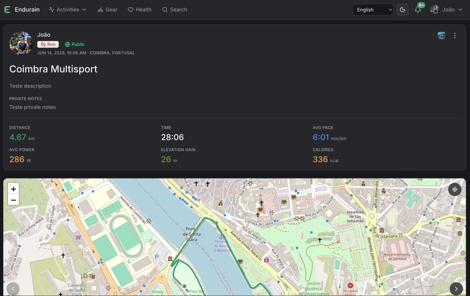 Activity detail page with map, splits and metrics.