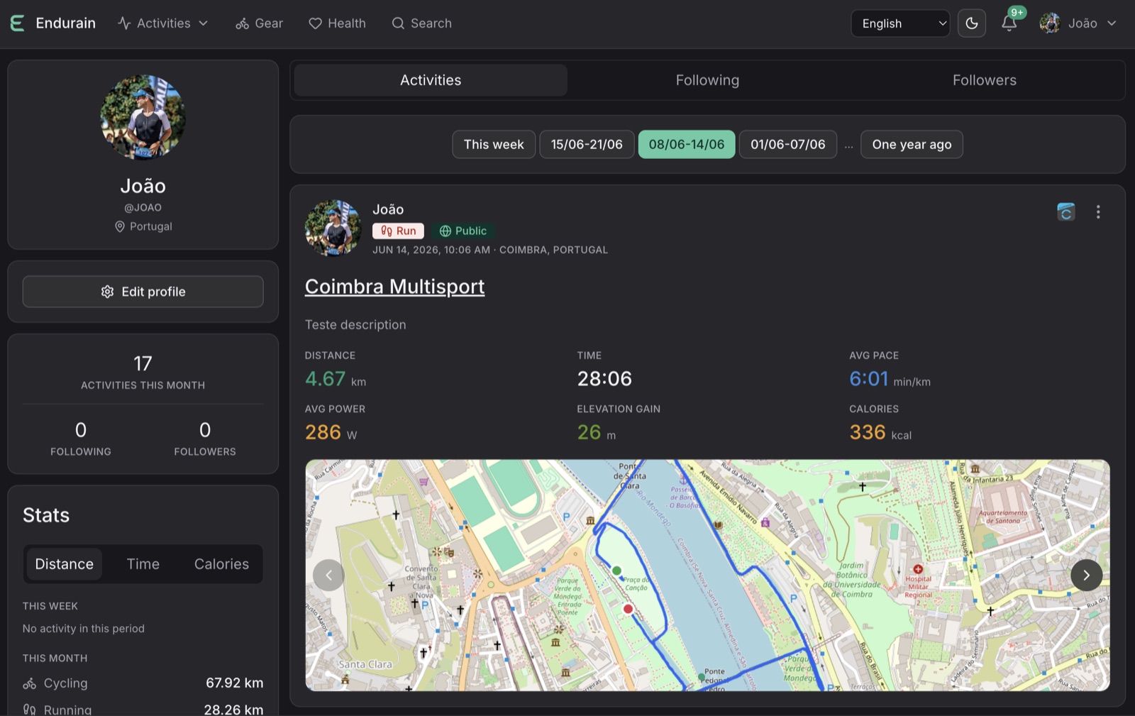 User profile page with stats and activity history.