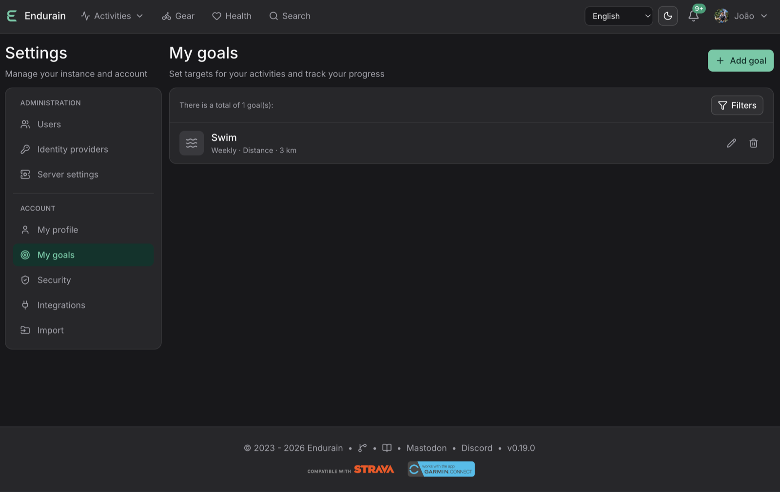 Goals settings page for defining training targets.